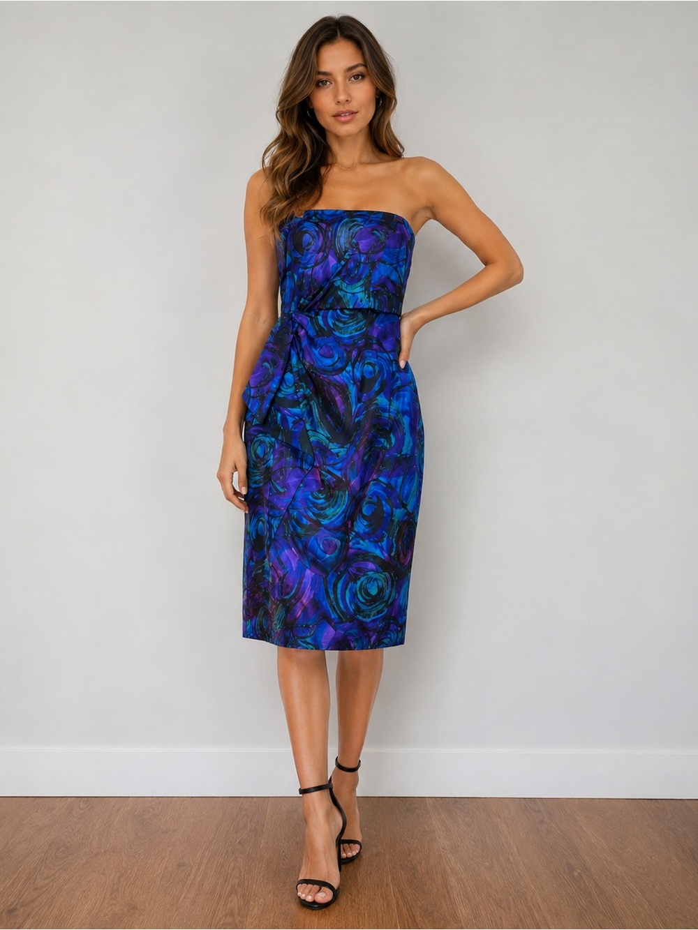 Vintage Maggy London satin strapless peacock print dress size 6